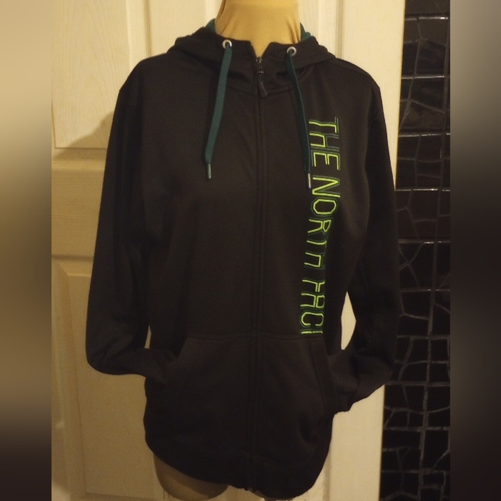 The North Face, zip up hoodie, Black and green, neon green, size medium EUC
